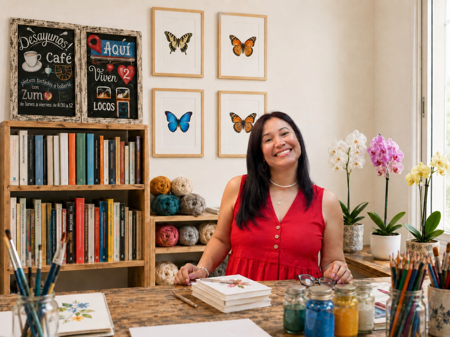 Maiguita en su taller, rodeada de hilos, libros y flores