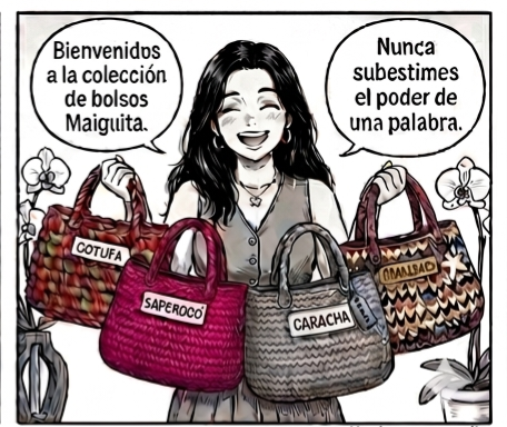 Ilustración de la colección Maiguita con nombres de bolsos